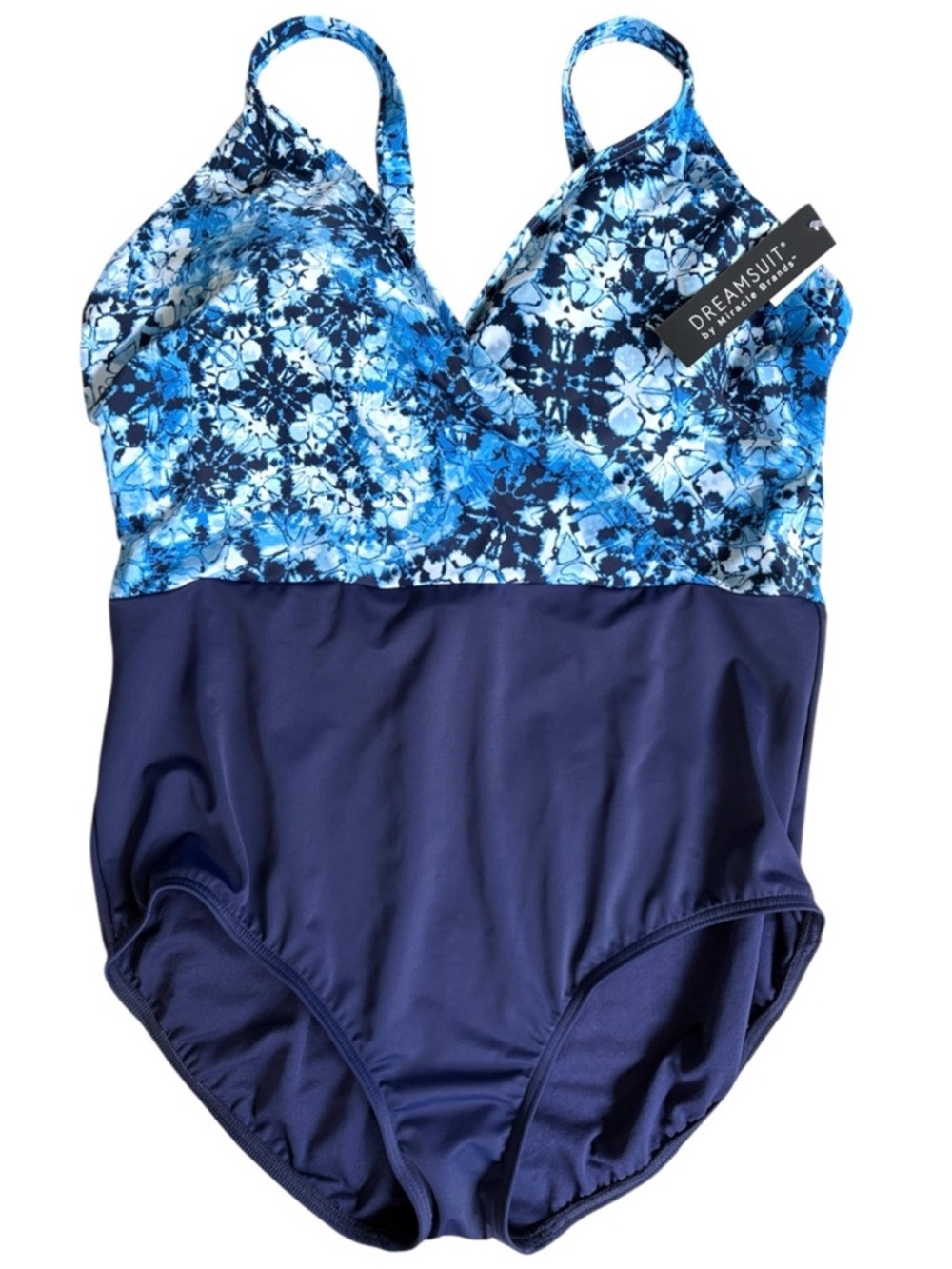 NWT Dreamsuit By Miracle Brands One Piece Blue TieDye Wrap Top Swimsuit Size 18W